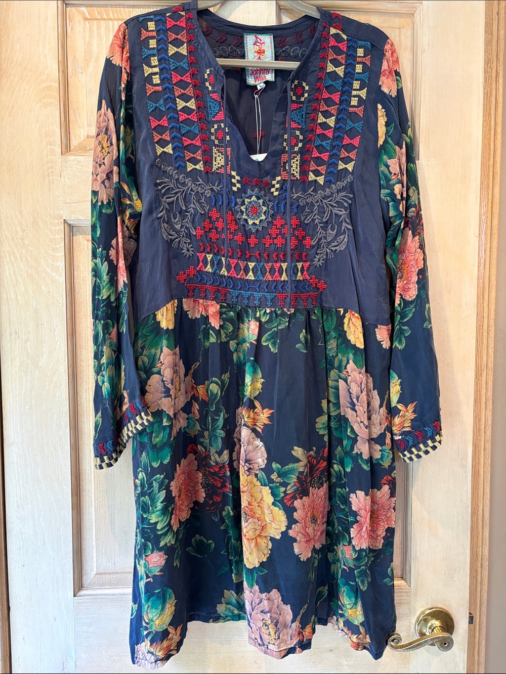 Johnny Was Bayani Geo Navy Floral Embroidered Tunic Dress Size L NWT